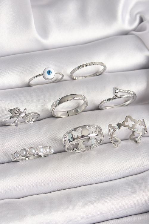 Pirinç Gümüş Renk Nazar Boncuk Detay İncili Kelebek İşlemeli Kadın Yüzük Kombini