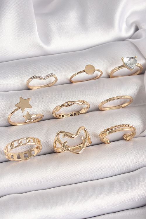 Pirinç Gold Renk Zirkon Taş Detaylı Kalp Yıldız Figür Kadın Yüzük Kombini