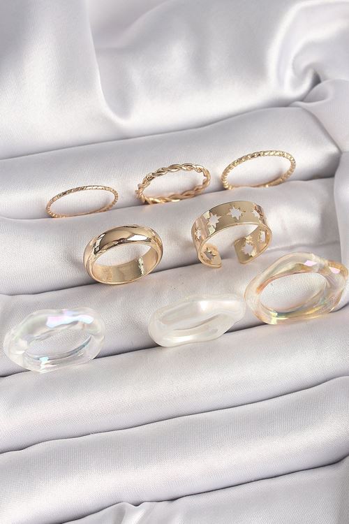 Pirinç Gold Renk Beyaz Akrilik Plastik Modek Kutup Yıldız İşleme Detay Kadın Yüzük Kombini