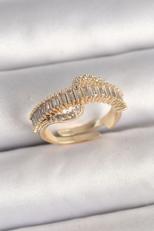 Pirinç Gold Renk Su Yolu Zirkon Taşlı Ayarlanabilir Model Kadın Yüzük