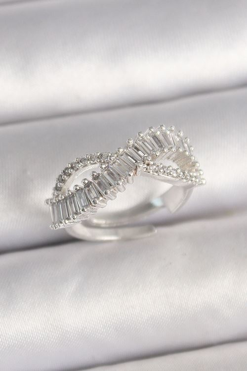 Pirinç Gümüş Renk Su Yolu Zirkon Taşlı Sonsuzluk Model Ayarlanabilir Kadın Yüzük