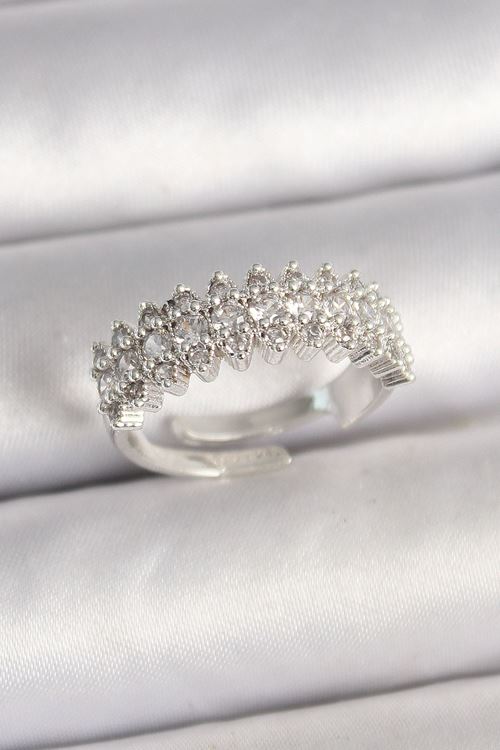 Pirinç Gümüş Renk Zirkon Taşlı Ayarlanabilir Kadın Yüzük