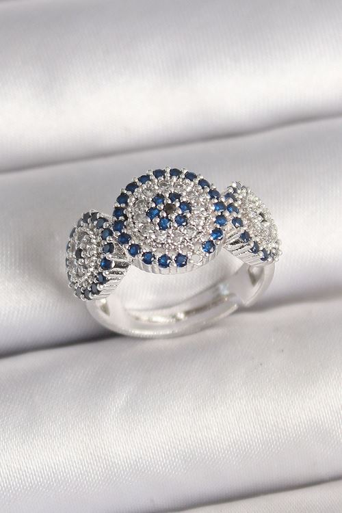 Pirinç Gümüş Renk Zirkon Taşlı Nazar Boncuk Model Ayarlanabilir Kadın Yüzük