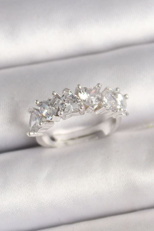 Pirinç Gümüş Renk Zirkon Taşlı Kalp Model Ayarlanabilir Kadın Yüzük