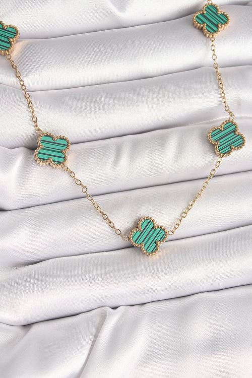 316L Çelik Gold Renk Zincir Yeşil Yonca Model Kadın Kolye