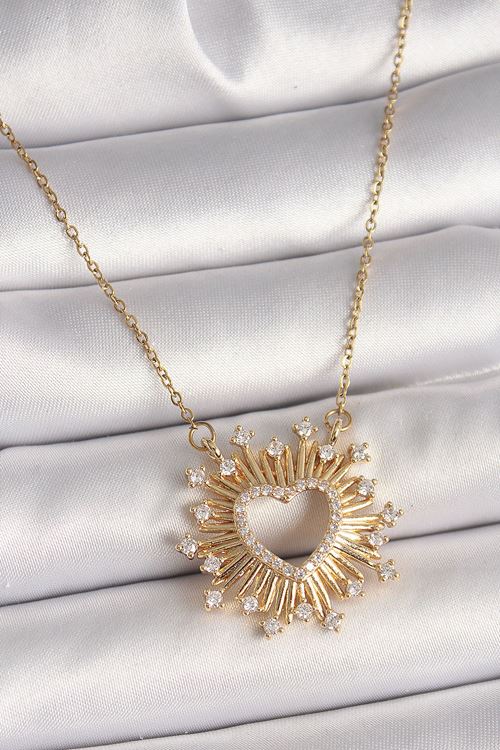 316L Çelik Gold Renk Zirkon Taşlı Kalp Model Kadın Kolye