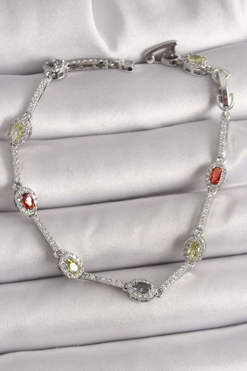 Pirinç Gümüş Renk Renkli Zirkon Taşlı Damla Taş Model Kadın Bileklik