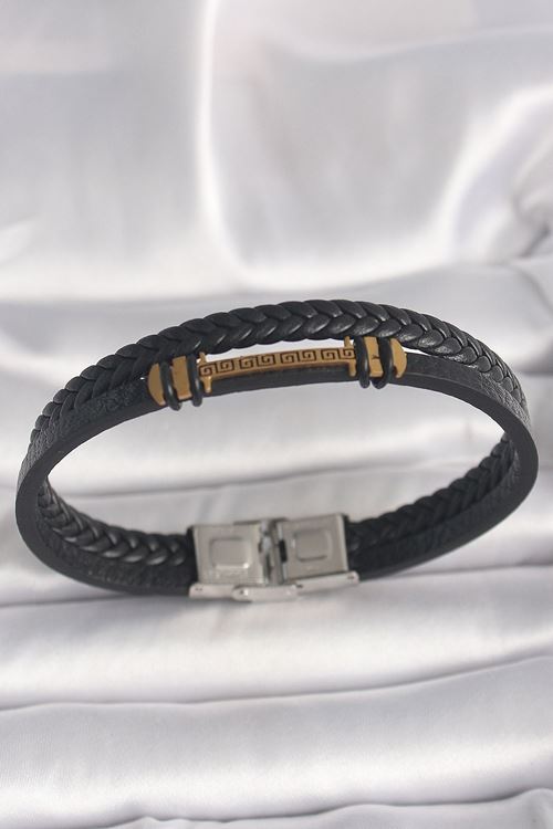 316L Çelik Gold Renk ZikZak İşlemeli Aksesuarlı Çift Sıra Burgu Desenli Deri Kordon Erkek Bileklik