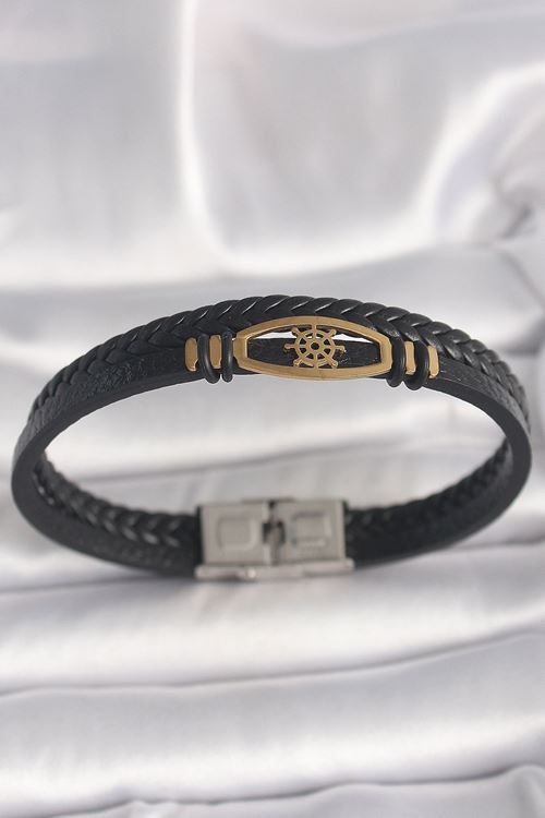 316L Çelik Gold Renk Gemi Dümen Figür Siyah Renk Çift Sıra Burgu Desenli Deri Kordon Erkek Bileklik