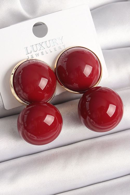 Pirinç Gold Renk Kırmızı Boncuk Model Kadın Küpe