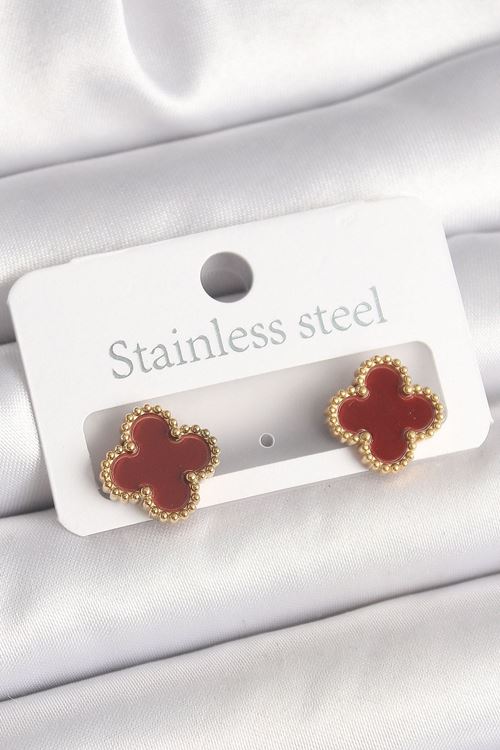 Pirinç Gold Renk Bordo Yonca Model Kadın Küpe