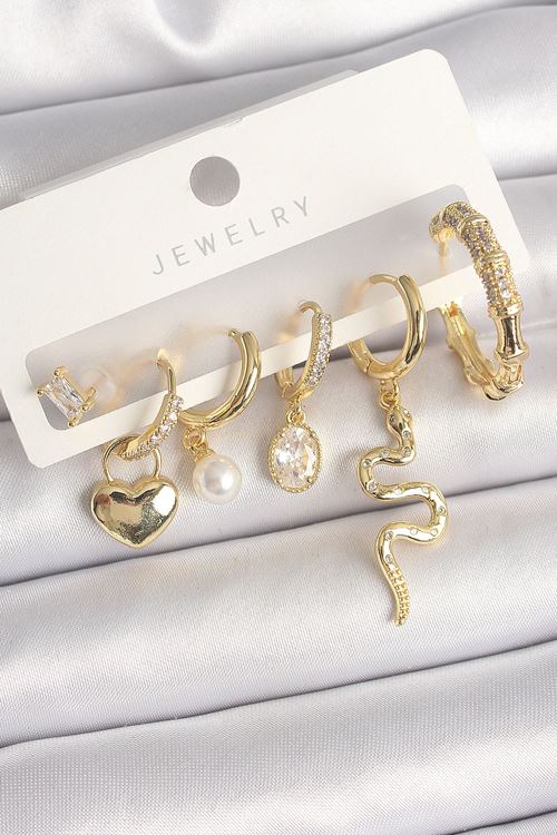 Pirinç Gold Renk Sallantı Yılan Model Zirkon Taşlı Halka Kilit Kalp Detay Kadın Küpe Seti