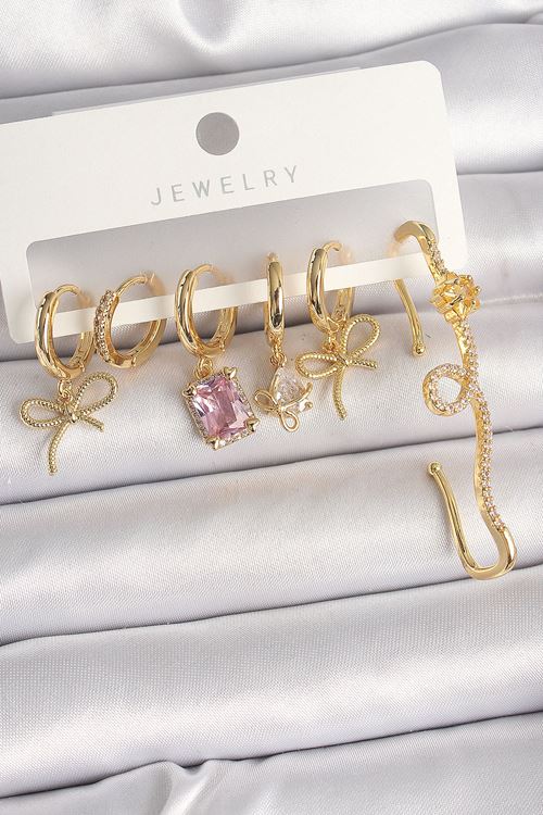 Pirinç Gold Renk Sallantı Kurdele Model Pembe Kare Zirkon Taşlı Kadın Küpe Seti