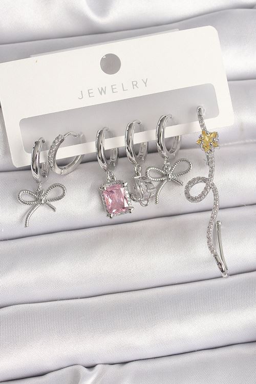 Pirinç Gümüş Renk Sallantı Kurdele Kuyruklu Yıldız Figür Pembe Kare Zirkon Taş Detay Kadın Küpe Seti