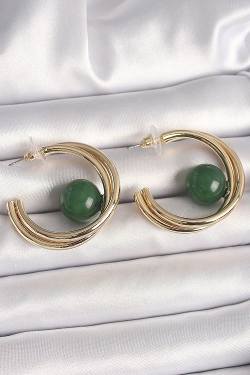 Pirinç Gold Renk Halka Model Yeşil Boncuk Detay Kadın Küpe