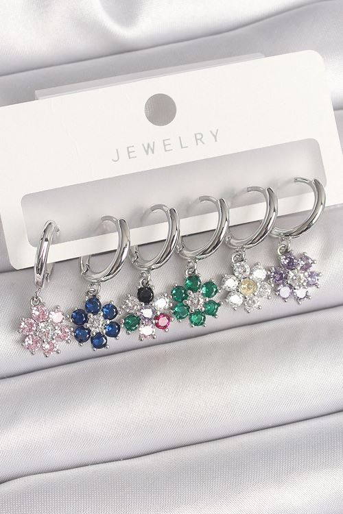 Pirinç Gümüş Renk Sallantı Renkli Zirkon Taşlı Çiçek Model Kadın Küpe Seti