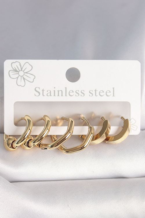 316L Çelik Gold Renk Altıgen Halka Model Kadın Küpe Seti