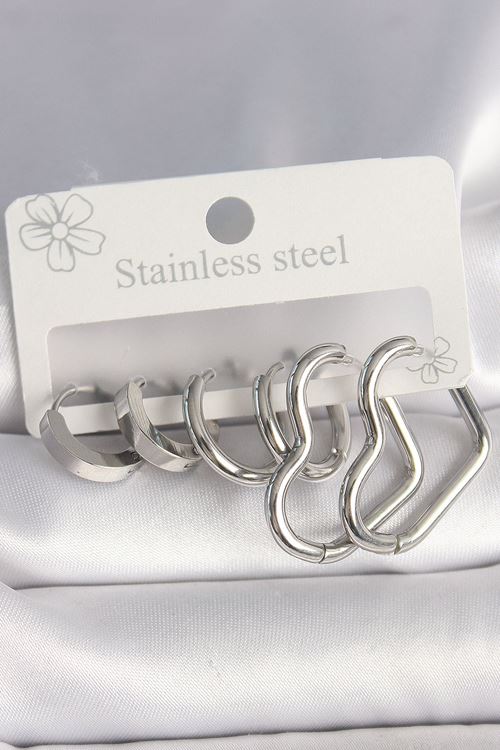 316L Çelik Gümüş Renk Halka Kalp Model Kadın Küpe Seti