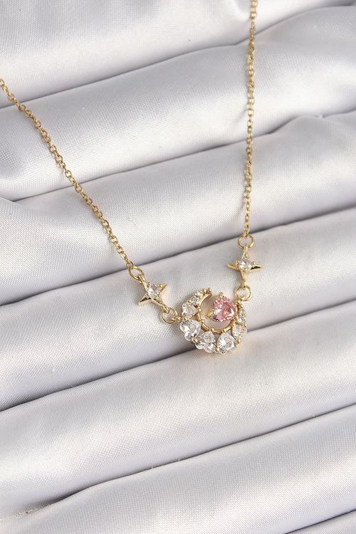 316L Çelik Gold Renk Zirkon Taşlı Hilal Pembe Kalp Model Kadın Kolye