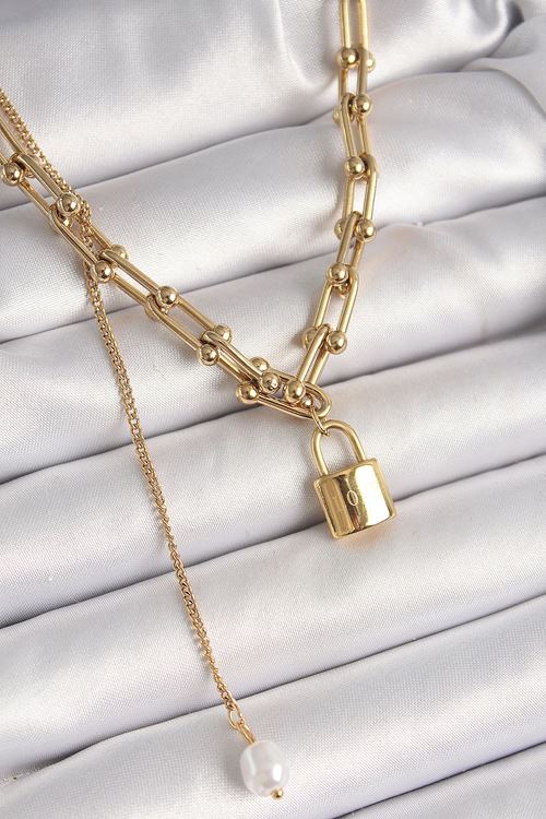 316L Çelik Gold Renk Tifany Zincir Model Kilit Figür Sallantı İnci Detay Kadın Kolye