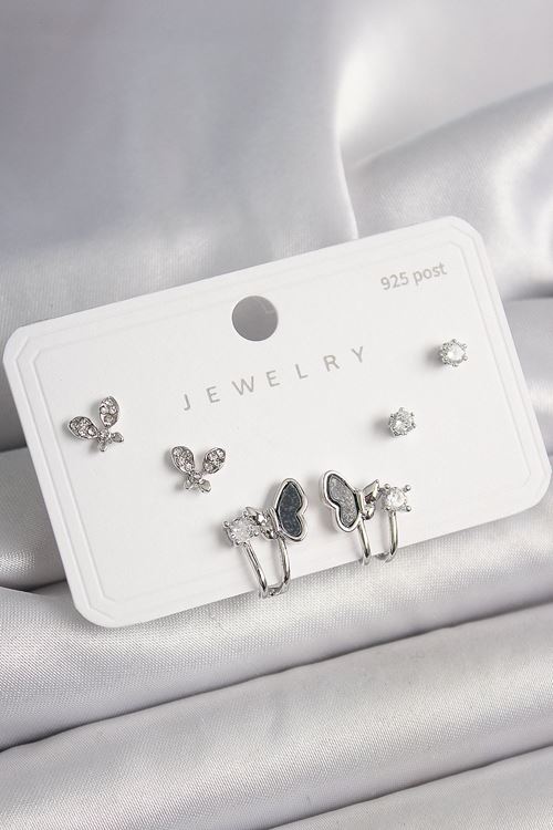 925 Ayar Gümüş Çivi Pirinç Gümüş Renk Zirkon Taşlı Kelebek Model Kadın Küpe Seti