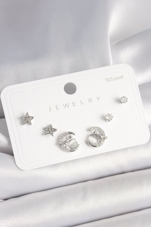 925 Ayar Gümüş Çivi Zirkon Taşlı Hilal Yıldız Model Kadın Küpe Seti