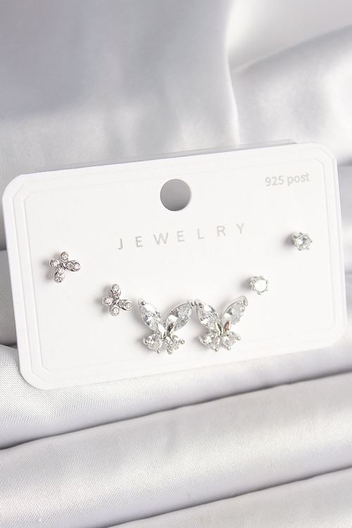 925 Ayar Gümüş Çivi Pirinç Zirkon Taşlı Kelebek Model Kadın Küpe Seti