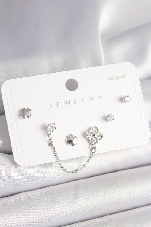 925 Ayar Gümüş Çivi Pirinç Gümüş Renk Zirkon Taşlı Yonca Model Sallantı Zincir Detay Kadın Küpe Seti