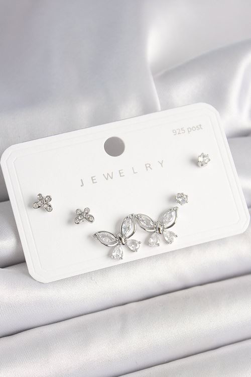 925 Ayar Gümüş Çivi Pirinç Gümüş Renk Zirkon Taşlı Kelebek Model Kadın Küpe Seti