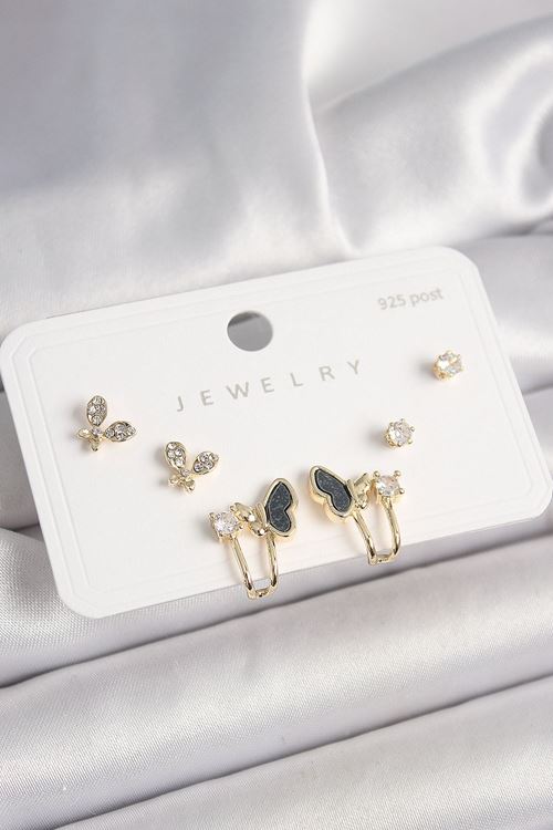 925 Ayar Gümüş Çivi Pirinç Zirkon Taşlı Kelebek Model Kadın Küpe Seti