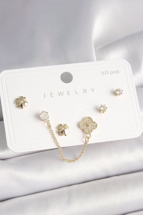 925 Ayar Gümüş Çivi Pirinç Gold Renk Zirkon Taşlı Yonca Model Sallantı Zincir Detay Kadın Küpe Seti
