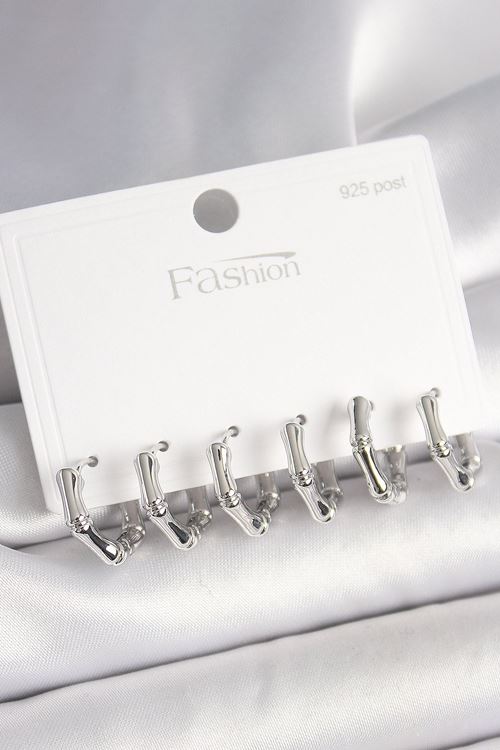 925 Ayar Gümüş Çivi Pirinç Gümüş Renk Bambu Halka Model Kadın Küpe Seti