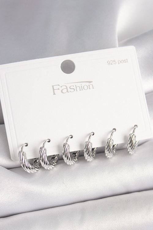 925 Ayar Gümüş Çivi Pirinç Gümüş Renk İşlemeli Halka Model Kadın Küpe Seti