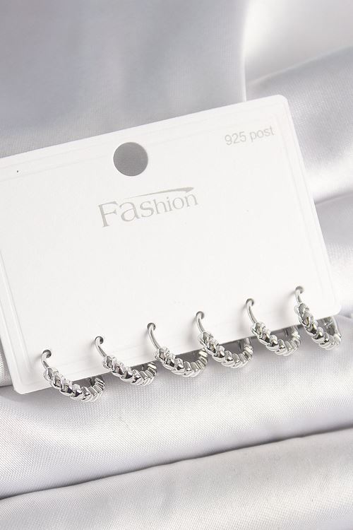 925 Ayar Gümüş Çivi Pirinç Gümüş Renk Kalp İşlemeli Halka Model Kadın Küpe Seti