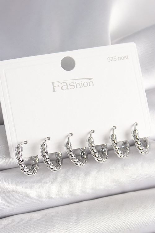 925 Ayar Gümüş Çivi Pirinç Gümüş Renk Sarmal Halka Model Kadın Küpe Seti