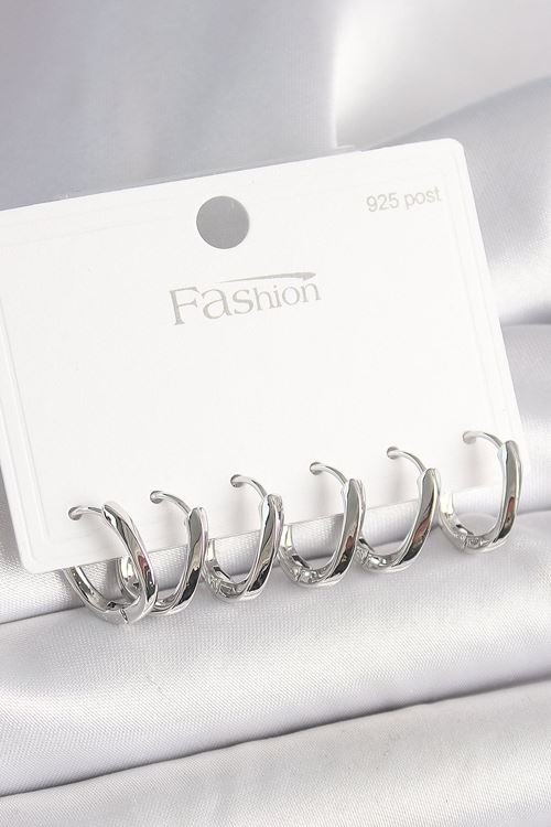 925 Ayar Gümüş Çivi Pirinç Oval Halka Model Kadın Küpe Seti