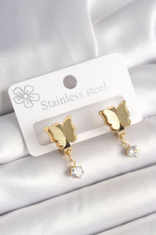 316L Çelik Gold Renk Sallantı Zirkon Taş Detaylı Simli Kelebek Model Kadın Küpe