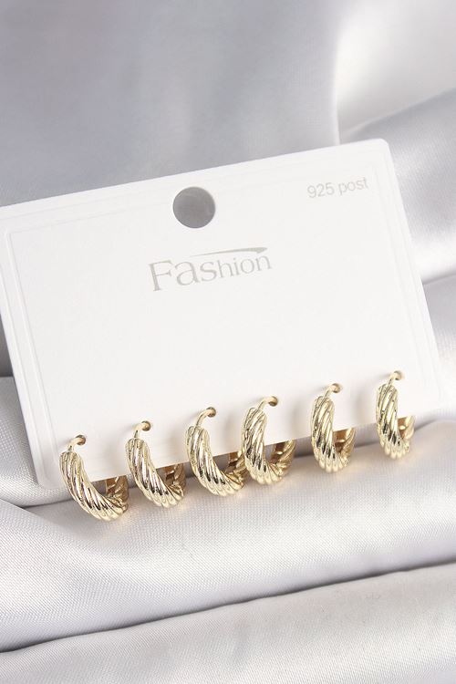 925 Ayar Gümüş Çivi Pirinç Gold Renk İşlemeli Halka Model Kadın Küpe Seti