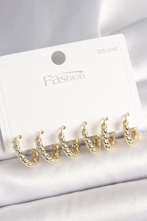 925 Ayar Gümüş Çivi Pirinç Gold Renk Sarmal Halka Model Kadın Küpe Seti
