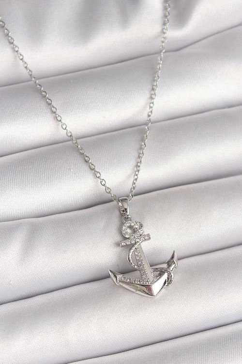 316L Çelik Gümüş Renk Zincir Zirkon Taş Detaylı Çapa Model Kadın Kolye