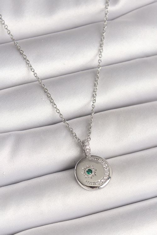 316L Çelik Gümüş Renk Zincir Madalyon Zirkon Taşlı İşlemeli Hilal Yıldız Model Kadın Kolye