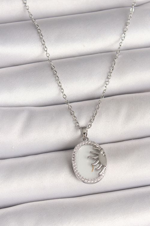 316L Çelik Gümüş Renk Zincir Beyaz Mineli Gün Batımı Model Zirkon Taş Detaylı Kadın Kolye