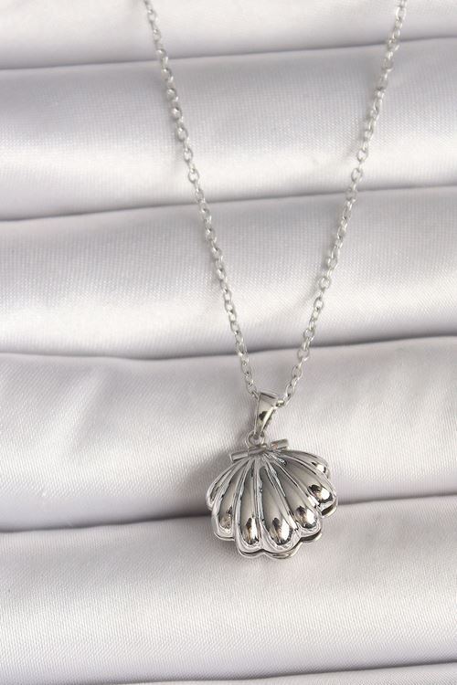 316L Çelik Gümüş Renk Zincir Açılır İncili Midye Model Kadın Kolye