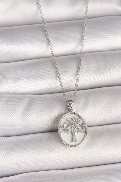 316L Çelik Gümüş Renk Zincir Zirkon Taş İşlemeli Beyaz Mineli Ağaç İşlemeli Portre Model Kadın Kolye