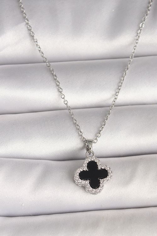 316L Çelik Gümüş Renk Zincir Zirkon Taşlı Yonca Model Kadın Kolye