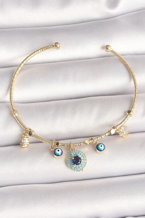 Pirinç Gold Renk Zirkon Taşlı Nazar Boncuk Detay Charm Kadın Bileklik