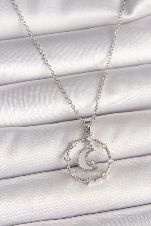 316L Çelik Gümüş Renk Zincir Zirkon Taşlı Beyaz Mineli Hilal Model Kadın Kolye