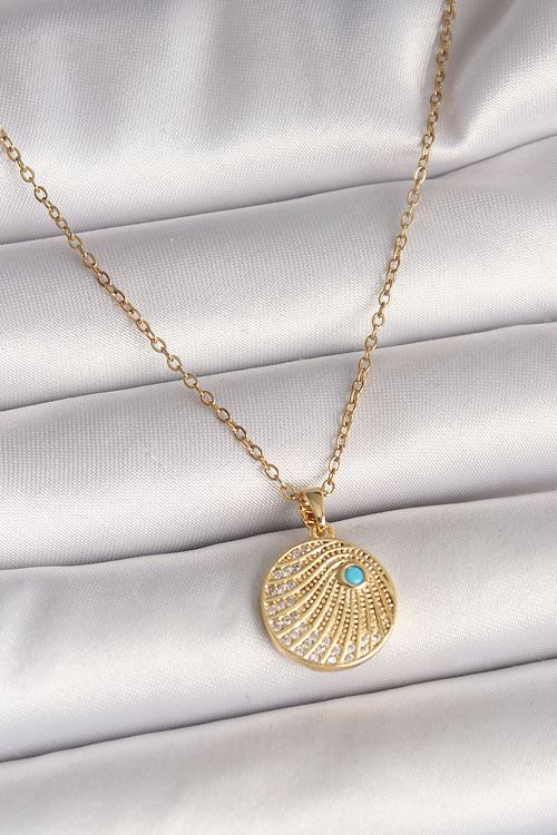 316L Çelik Gold Renk Zincir Zirkon Taş İşlemeli Mavi Taş Detaylı Madalyon Model Kadın Kolye