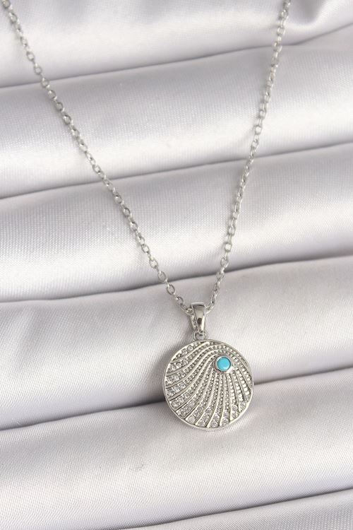 316L Çelik Gümüş Renk Zincir Zirkon Taşlı Mavi Taş Detaylı Madalyon Model Kadın Kolye