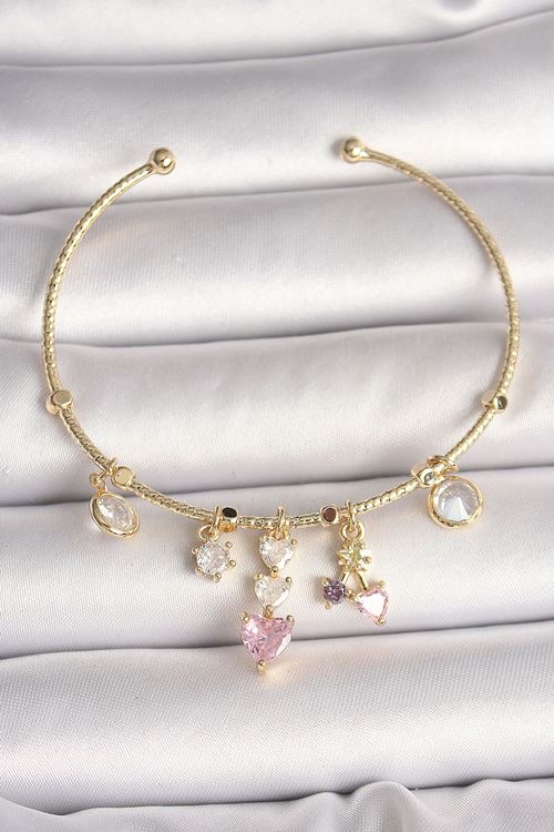 Pirinç Gold Renk Sallantı Zirkon Taşlı Kalp Figür Pembe Kalp Detay Charm Kadın Bileklik